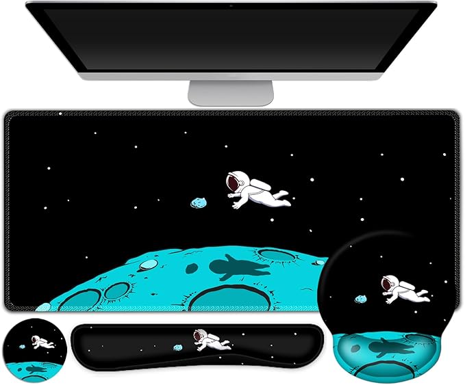 Gaming Mouse Pad Large Desk Mat Cute Desk Pad Protector 4in1 XXL Mousepad + Keyboard Wrist Rest+Mouse Wrist Rest+Coaster Set with Ergonomic Desk Pad for Home Office PC Computer Cool Space Alien