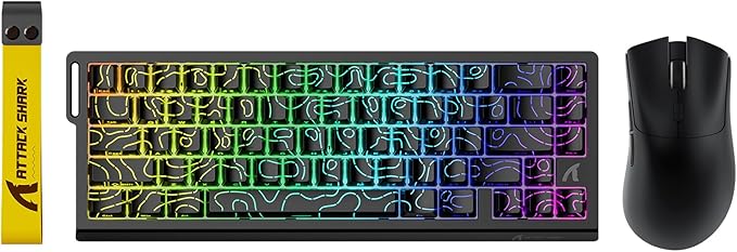 ATTACK SHARK X68 HE Wired Rapid Trigger Mechanical Gaming Keyboard and R1 Mouse with Adjustable ActuationCoiled CableUSB C/2.4Ghz Wireless/BT Ultralight 18K DPI Mice for Esport Gamer(Black Contour)