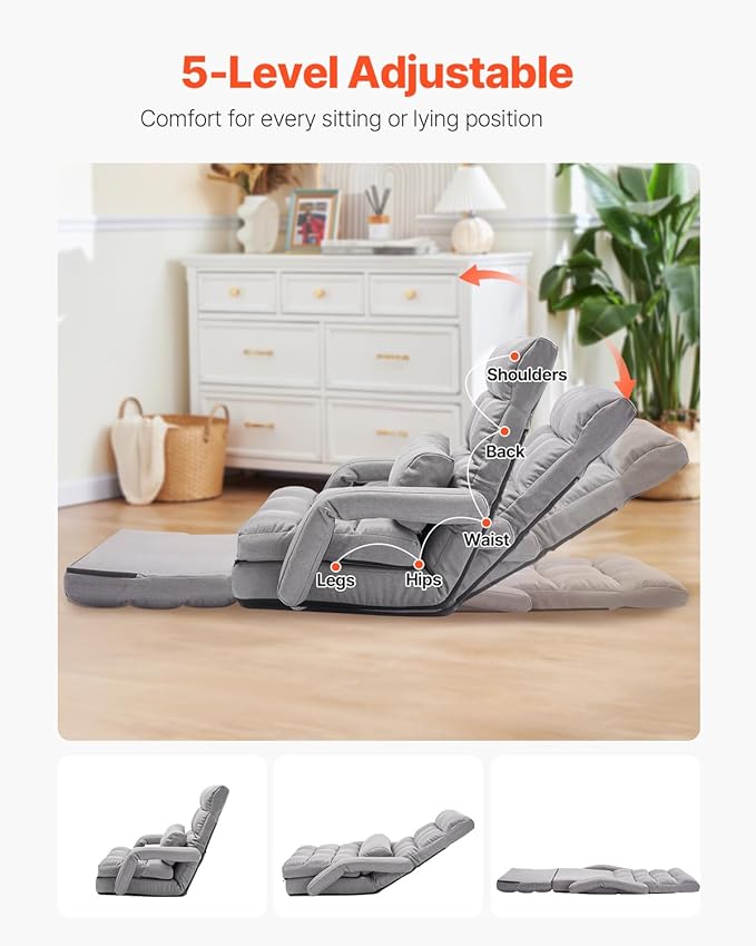 VEVOR Floor Chair Floor Gaming Chair with 5 Adjustable Position and Back Support Folding Sofa Chair with Armrest for Adults Sofa Lounger Bed with Back Cushion for Living Room and Bedroom Gray