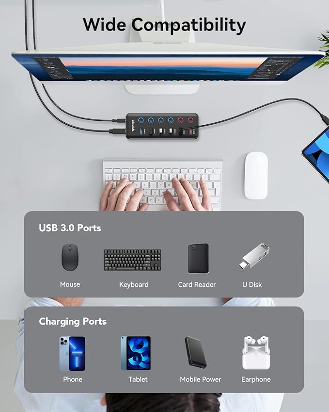 Powered USB Hub Wenter 6-Port USB 3.0 Hub Splitter (4 USB 3.0 Data Ports + 2 QC 3.0 Fast Charging Ports) with Individual LED On/Off Switches USB Hub 3.0 Powered with 36W AC Adapter for Mac PC