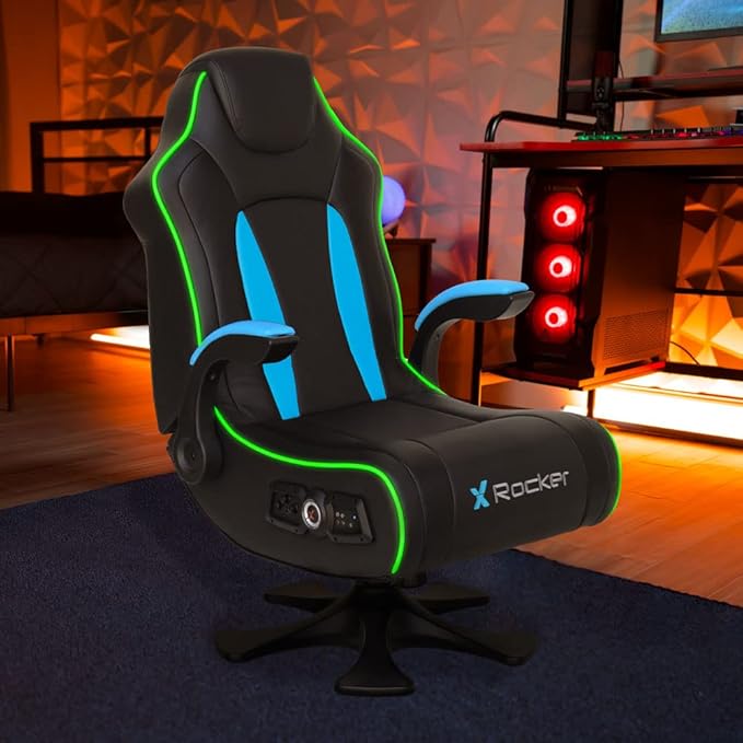 X Rocker CXR3 2.1 Dual Audio LED Gaming Chair with Flip-Up Arms Integrated 2.1 Audio System Bluetooth Wireless 5134201 32.1 x 24.8 x 40.55 Black and Teal