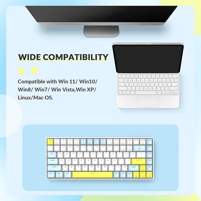 LexonElec RK-84 Portable Mechanical Gaming KeyboardRainbow LED Backlit Compact 84 Keys Mini Wired Office Keyboard with Red Switch for Windows Laptop PC Mac-White/Blue/Orange