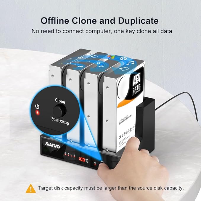 MAIWO 4 Bay Hard Drive Docking Station with Offline Cloning External Hard Drive Cloner Duplicator for 2.5'' 3.5'' SATA SSD HDD with LED Indicator 96TB Expansion USB3.0 Connecting Port