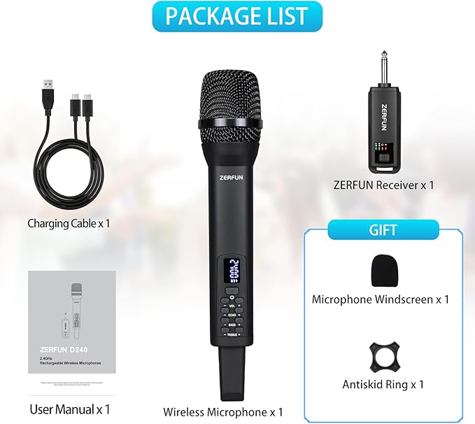 Rechargeable Wireless Microphone Pro Handheld Cordless Mic System with Echo Treble BASS VOL Control for Karaoke Singing Church Party 1/4'' Output Black