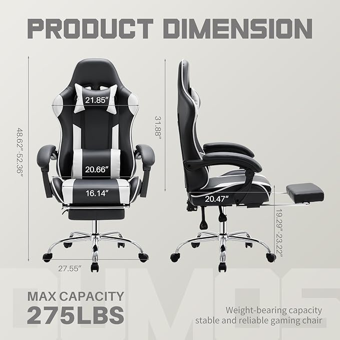 DUMOS Ergonomic Gaming Office Desk Chair with Footrest Height Adjustable 360° Swivel Computer Video Game Chair with Headrest and Lumbar Support Black White