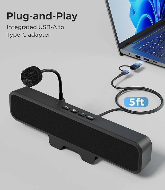 USB Computer Speakers with Detachable Microphone Plug and Play Desktop Speaker with Monitor Clip Stereo Sound &amp Bass Suitable for PC PS5 Switch 2 and Laptop