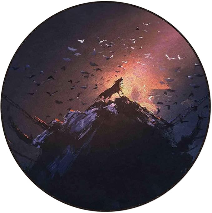Multicolor Office Chair Computer Gaming Desk Mat for Rolling Chair Non-Slip Gaming Rug Howling Wolf on Rock Surrounded Animals Gaming Chair Mat Round Floor Mats Fantasy World Diameter 60 in