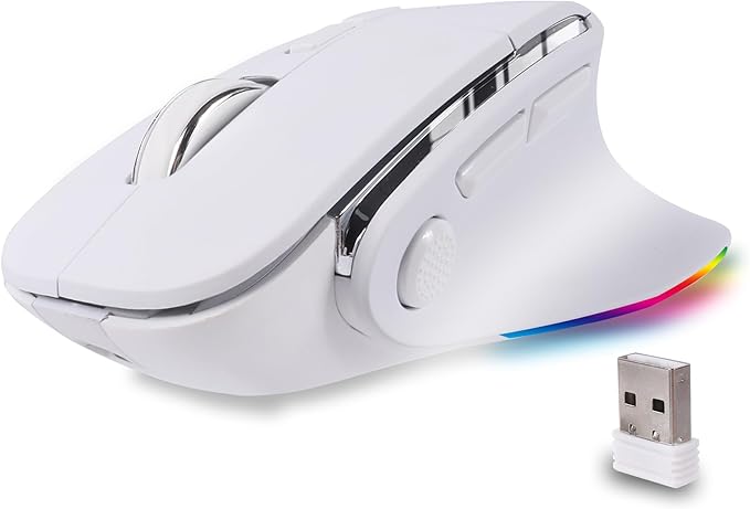 Ergonomic Mouse JigglerBluetooth Vertical Wireless MouseLED Rechargeable Optical Computer Mice Portable(BT5.2 or USB 2.4GHz) Dual Mode1000/1600/2400 DPI8 Buttons for LaptopPCMacbook (white)