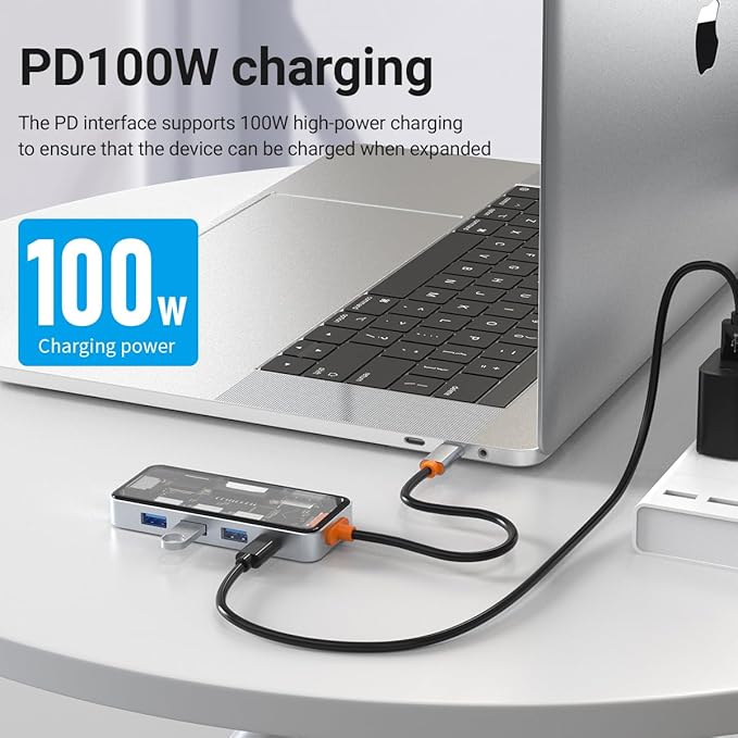 DroiX NT8 Clear USB Hub with Ultra-Fast RJ45 Gigabit Ethernet 4K HDMI 2.0 Output Rapid 100W PD Charging Versatile 3X USB Type-A 3.0 Ports Dual Micro/SD Card Readers Sleek Design.