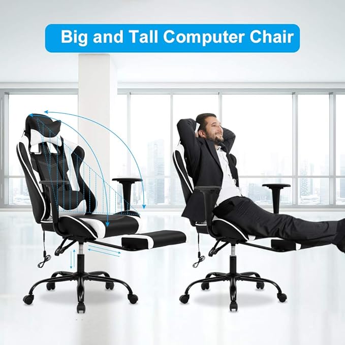 SNANA Modern White Gaming Chair High Back PU Leather Ergonomic Adult 250 lbs Capacity 17.7 D x 26.4 W x 33 H