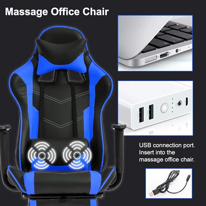 Gaming Chair With Footrest and Massage Lumbar Support Height Adjustable High Back Reclining Computer Chair for Adults - 360-Swivel Blue