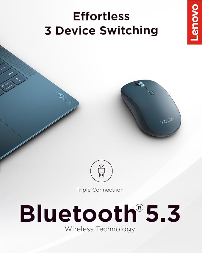 Lenovo Yoga Bluetooth Silent Mouse 3 Level DPI Adjustment 36 Month Battery Life Bluetooth 5.3 3 Device Paring Whisper Quiet Programmable Buttons Smooth Finish Tidal Teal