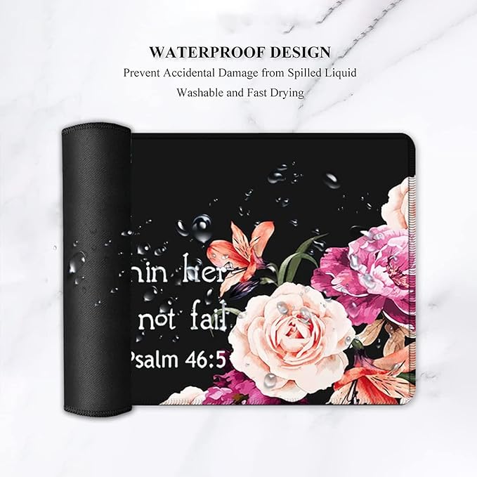 Keyboard Mouse Pad Wrist Rest Support Set Extended Gaming Mouse Pad Large XXL Mousepad + Ergonomic Memory Foam Wrist RestOffice Desk Mat Waterproof Writing Pad Peony Flower Psalm 46:5 Black