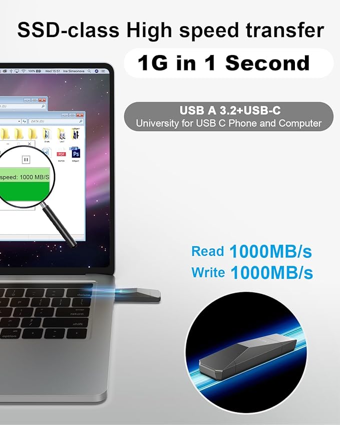 ySky 256GB USB 3.2 Solid State Flash Drive 1000MB/s High Speed USB C+ USB 3.2 Gen2 Dual Interfaces Thumb Drive USB C Memory Photo Stick for iPhone15/15 Plus/15 Pro/15 Pro Max/USB-C PhoneLaptopMac