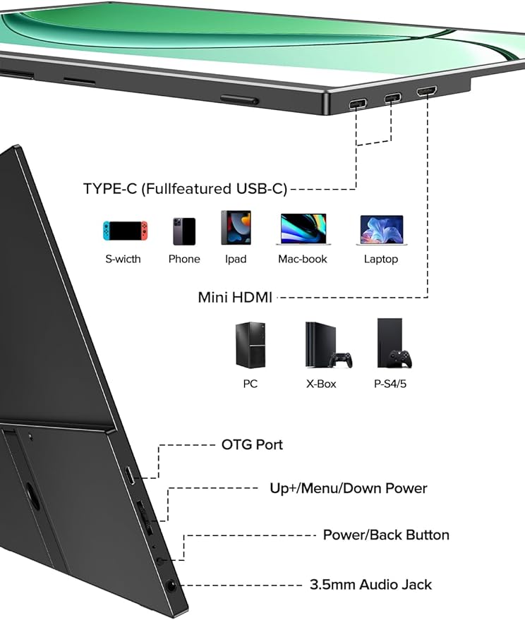 UPERFECT 4K Portable Monitor 13.4 UHD 3840x2400 Matte IPS Laptop Display with Built-in Stand 16:10 Aspect Ratio 100% sRGB 500 Nits Brightness All-Metal Frame for PC/Mac/Phone/Game Console