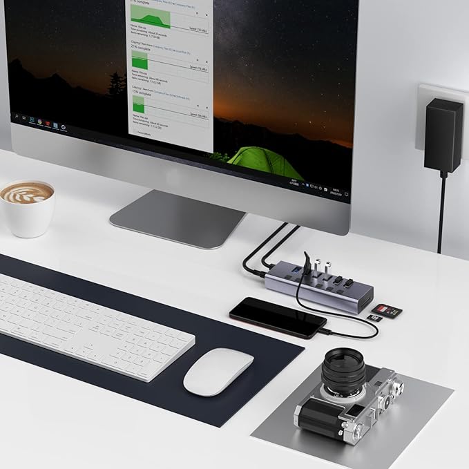 Powered USB Hub with TF/SD Card Reader 8-Port USB 3.0 Hub with 6 USB 3.0 Data Ports USB Spilter with Individual On/Off SwitchesAluminum USB Hub with AC Adapter for PC Desktop MacBook