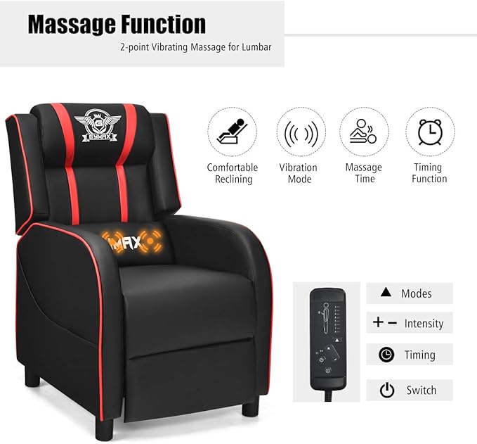 Gaming Recliner Movie Theater Chair w/Adjustable Backrest &amp Footrest Massage Lumbar Pillow Racing Single Sofa PU Leather Reclining Chair for Gaming Room Home Theater (Red)