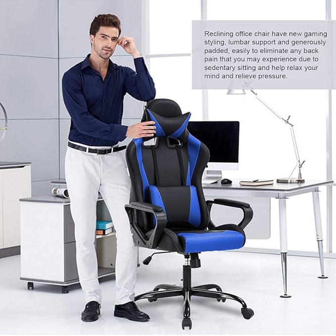 Gaming Chair with Lumbar Support High-Back Office Chair for Adults with Ergonomic Computer Racing Chair PU Desk Task Chair with Support Flip Up Arms Headrest Blue