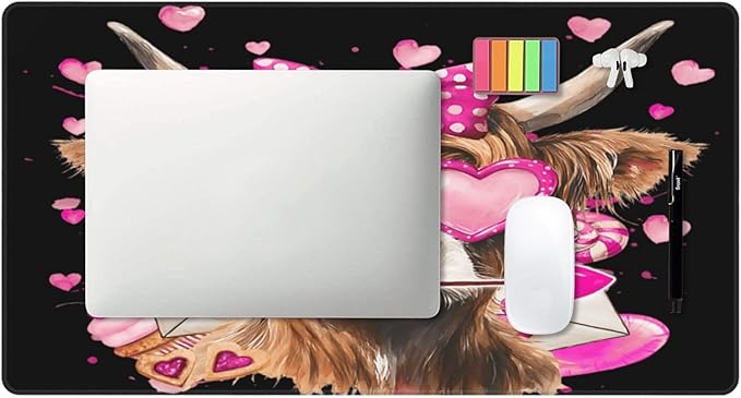 Cute Highland Cow with Bow Heart Glasses Mouse Pad Non Slip Large Desk Keyboard Mat Gaming Protection Pad 16X29.5 Inch