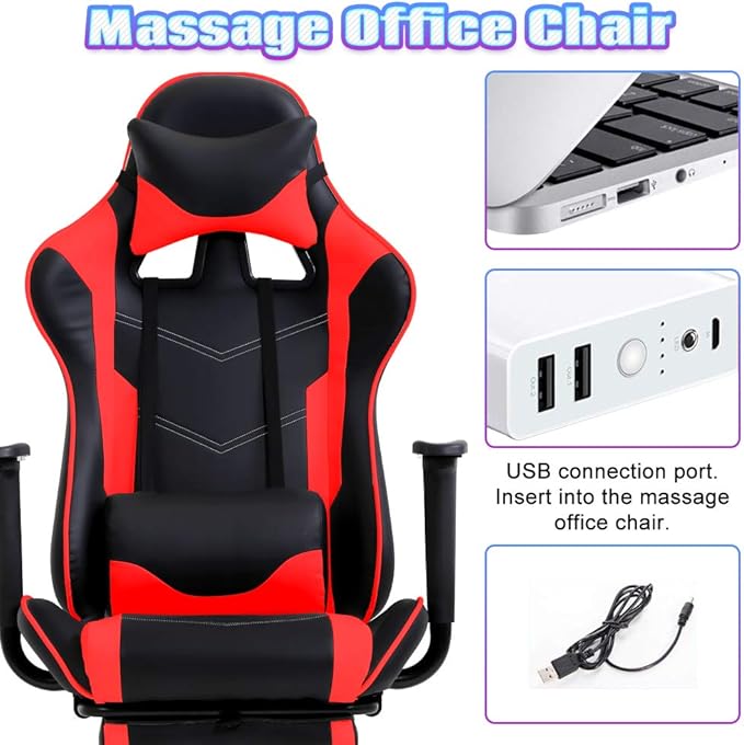 Red PC Gaming Chair Ergonomic Racing Office Chair Video Game Chair Massage Lumbar Support with Arms Footrest &amp Headrest Nice Chic Desk Chair Adjustable Best Home Office Chair