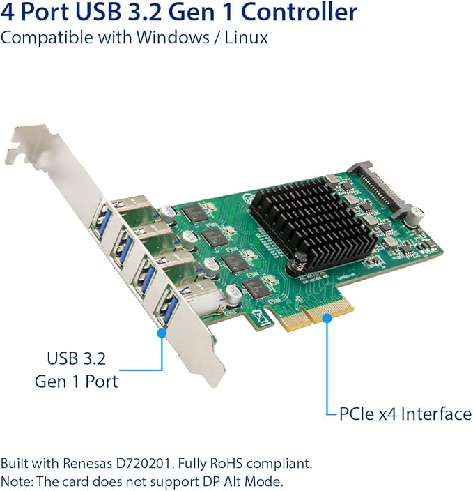 USB 3.2 Gen 1 5 Gbps 4 Port Type-A PCI-e 3.0 x4 ASMedia ASM3142 Controller