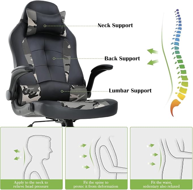 PC Gaming Chair Home Office Computer Chairs Rcline Racing Game Chair with Adjustable Headrest and Armrest High Bakc Desk Chairs Swivel Task Rolling Chair Camo