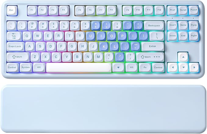 YUNZII B87 Wireless Mechanical KeyboardQMK/VIA ProgrammableTKL Layout 87 KeysBT/2.4G/USB-CHot Swap Gasket Mount RGB Backlit Gaming with Wrist Rest for Win/Mac (Blue Heart Cocoa Cream V2)