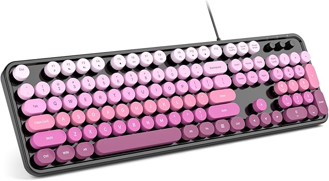 Computer Keyboard Wired Plug and Play USB Retro Round Typewriter Keyboard Full Size Wired Keyboard with Foldable Stands for Laptop and Office PC- Black Pink Gradient