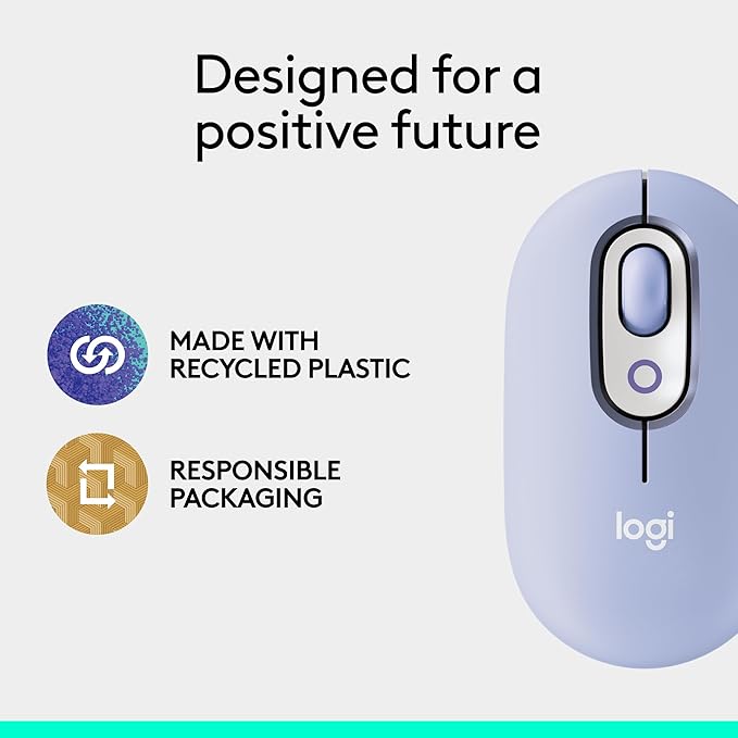 Logitech POP Mouse Compact and Portable Wireless Bluetooth Mouse with Programmable Buttons and Quiet Clicks Easy-Switch Between up to 3 Devices Laptop Tablet PC - Lilac