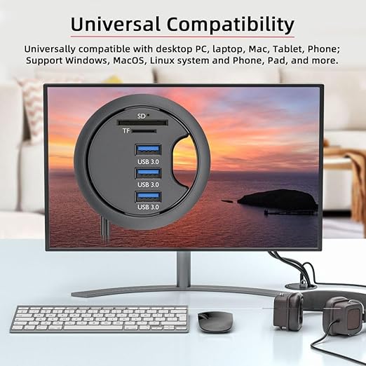 ChenYang USB 3.0 Flush Mount Desktop HUB3 USB 3.0 Port HUB Grommet Hole 2.36(60mm) with SD/TF Card Reader Port
