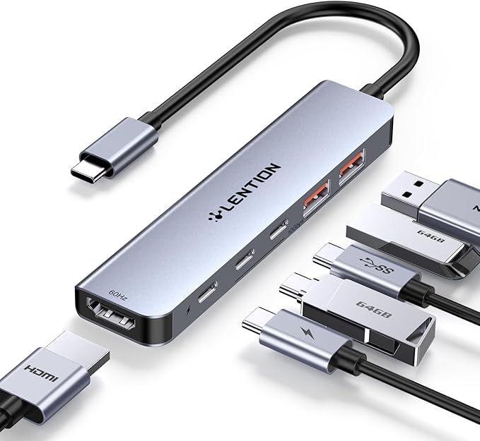 LENTION 6-in-1 USB C Hub 10Gbps USB 3.2 Gen 2 High Speed Hub with 4K HDMI 100W PD Charging 2 USB-C &amp 2 USB-A Ports Multiport Adapter for MacBook Pro/Air/Neo iPad Pro/Air iPhone (CE37Grey)