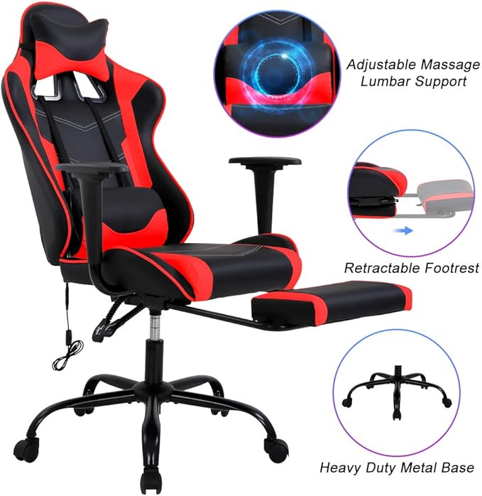 Red PC Gaming Chair Ergonomic Racing Office Chair Video Game Chair Massage Lumbar Support with Arms Footrest &amp Headrest Nice Chic Desk Chair Adjustable Best Home Office Chair