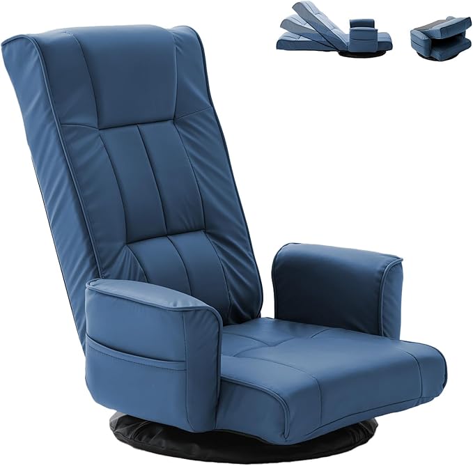 FLOGUOR 360° Swivel Gaming Floor Chair with Armrests – 14-Position Adjustable Folding Floor Sofa Lounger Padded Backrest Multi-Angle Recline for Home Living Room &amp Office (Blue)