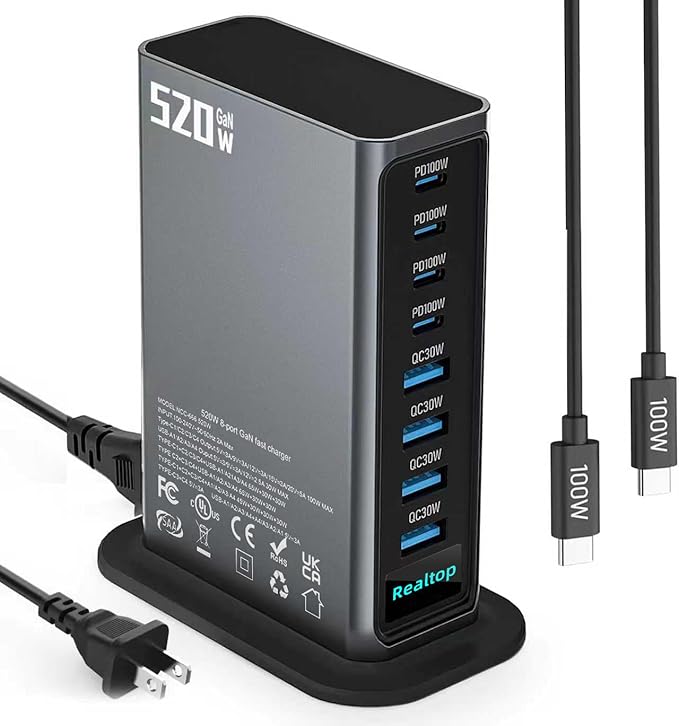 520W USB C Charging Station 8-Port GaN Fast Type C Charger Block Wall Charger Multiport Desktop Power Hub for MacBook Pro MacBook Air iPhone 16/15 iPad Samsung