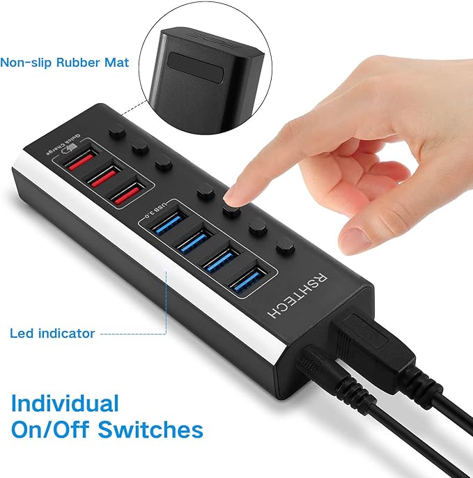 Powered USB Hub RSHTECH 7 Ports USB 3.0 Hub with 4 High Speed Data Transfer Ports + 3 Fast Charging Ports36W 12V/3A Power Adapter and Individual On/Off Switches(A37-Black)