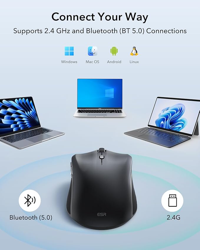 ESR MagMouse Snap-to-Carry Bluetooth Mouse Rechargeable Wireless Mouse for Laptop with Built-in Charging Cable Reusable Adhesive Holder BT 5.0 + 2.4 GHz Connectivity Silent Ergonomic Black