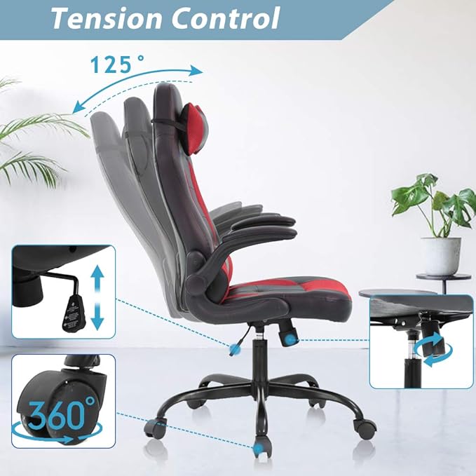 Gaming Chair Racing Ergonomic Racing Chair High Back PC Computer Gaming Chairs with Headrest Lumbar Support &amp Flip-up Arms PU Leather Adjustable Height Swivel Red
