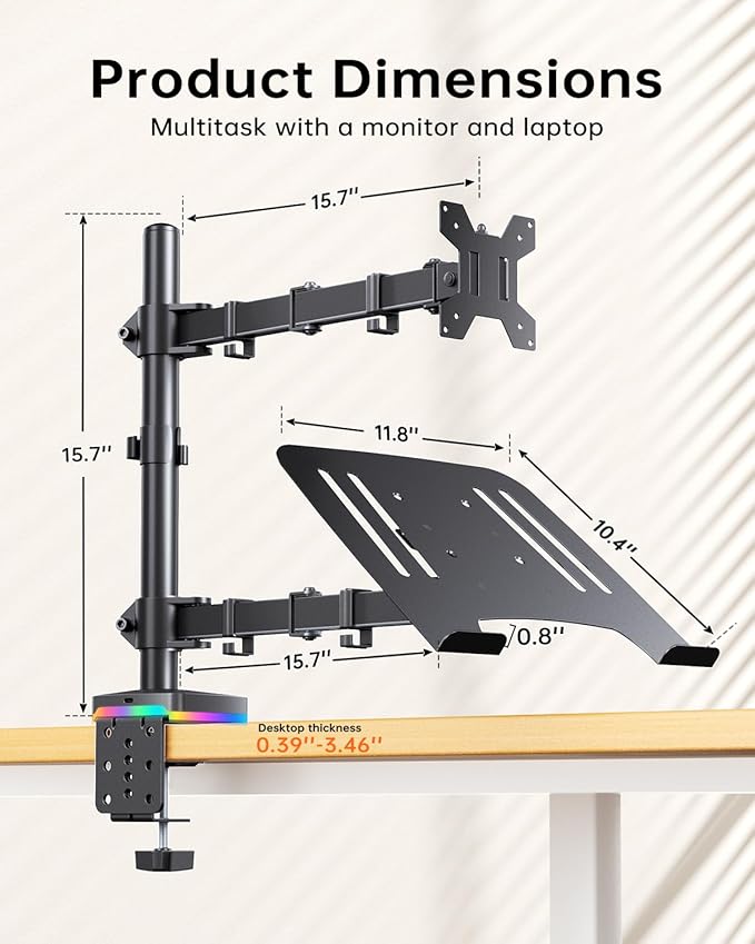 RGB Monitor and Laptop Mount Stand with 3 USB Ports Charging and USB Data Transfer Adjustable laptop stand for 13 to 32 Screen and 11-17” Laptop Holds 18lbs/Arm 75x75/100x100 VESA C-Clamp
