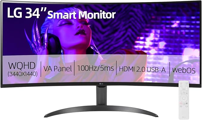 LG 34 Curved Smart WQHD (3440x1440) Monitor 100Hz HDR10 99% sRGB webOS 23 AirPlay 2 Screen Share Built-in Speakers Includes Remote Control