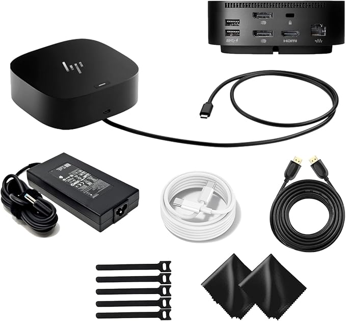 Genuine HP Docking Station for Laptop Dual Monitor and Charging Bundle-HP USB-C G5 Dock 5YH27AV#ABA with 120W AC Adapter HDMI Cable USB-C Cable &amp Fiber Cloth &amp Reusable Cable Ties