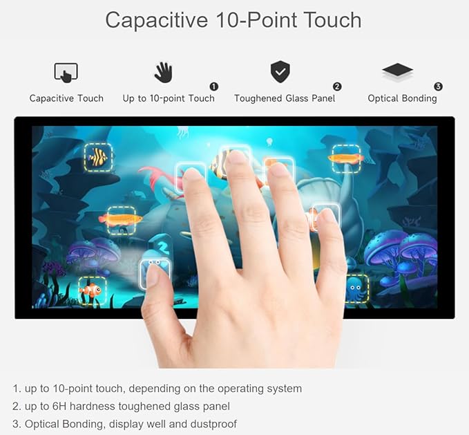 10.4inch QLED Quantum Dot Display Capacitive Touch High Brightness 1600×720 Optical Bonding Toughened Glass Panel HDMI Interface for RPi