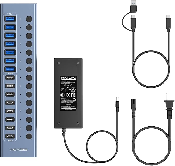 Powered USB 3.2 Hub ACASIS 16 Ports USB 3.2 Hub(8 USB-A 3.2 Ports+8 USB-C 3.2 Ports) Aluminum USB Hub Powered with 96W Power Adapter USB Hub for PC/Laptop Computer Flash Drive Printer Camera