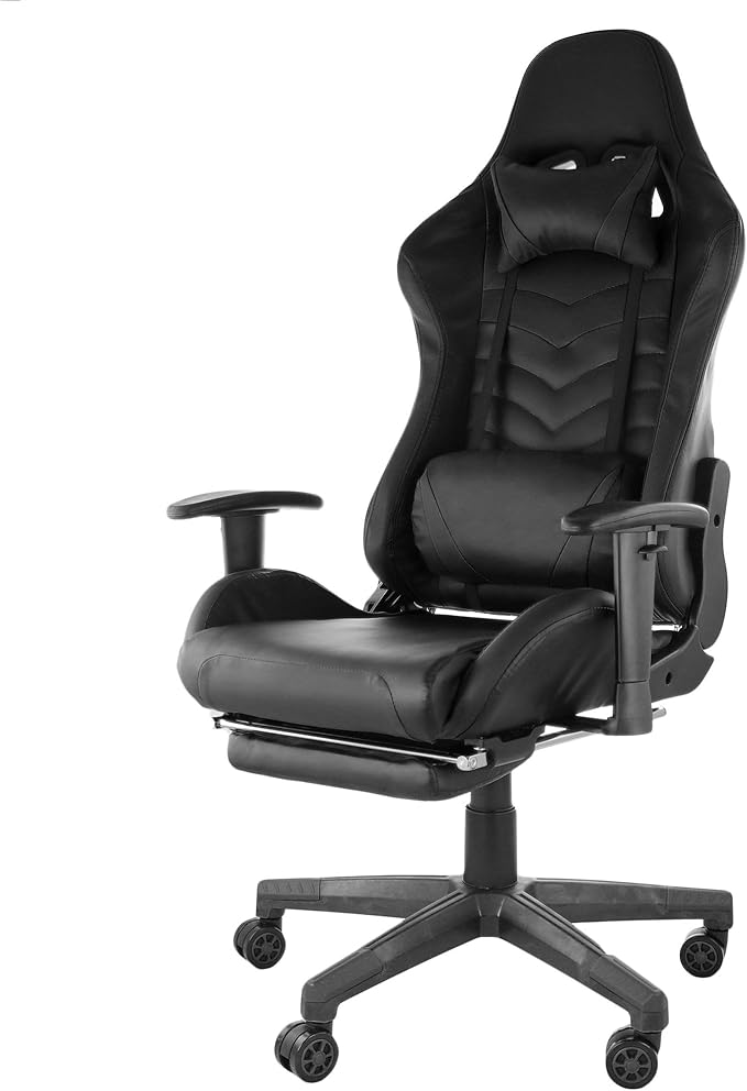 Ergonomic Gaming Chair with Footrest Adjustable Reclining Gamer Chair with Lumbar and Head Pillow Support Swivel Office Gaming Chair with Pleather Upholstery High-Back Chair (Black)