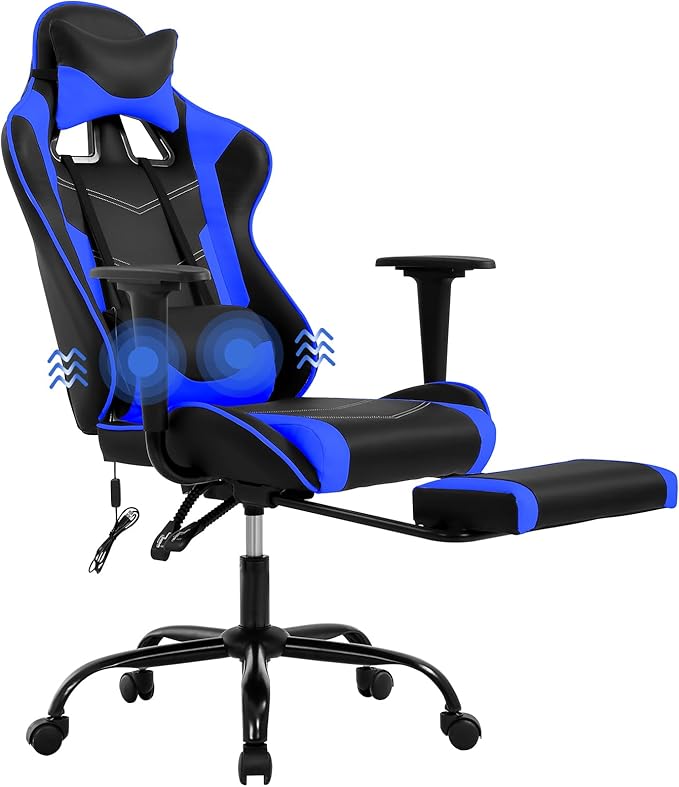 Massage Gaming Chair - Ergonomic PC Racing Office Chair with Lumbar Support Headrest Armrest Footrest - Black Heavy Duty PU Leather Recliner for Adults Gamer (Blue)