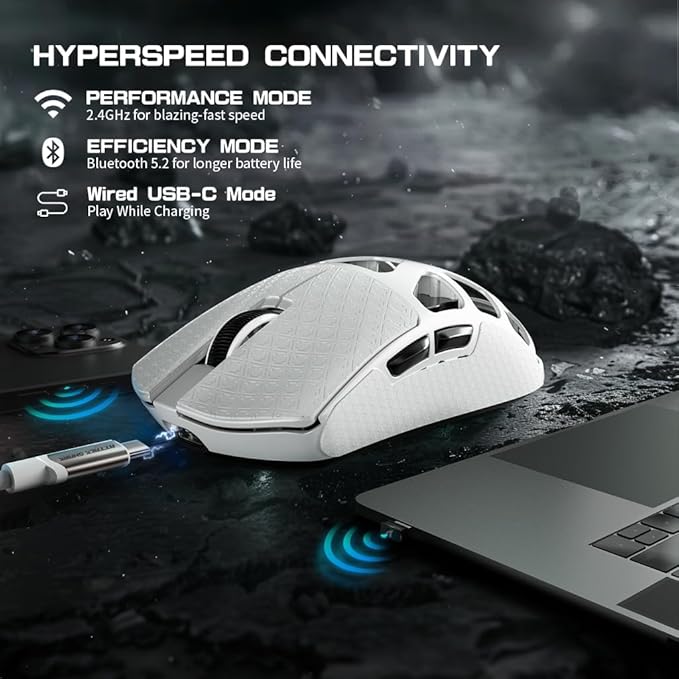 FELICON x Attack Shark R3 Magnesium Alloy Wireless Gaming Mouse 46g Ultra-Lightweight Skeletal Shell PAW3395 26K DPI 8K Polling Tri-Mode 2.4G/BT/Wired for PC Mac Laptop - White &amp Griptape