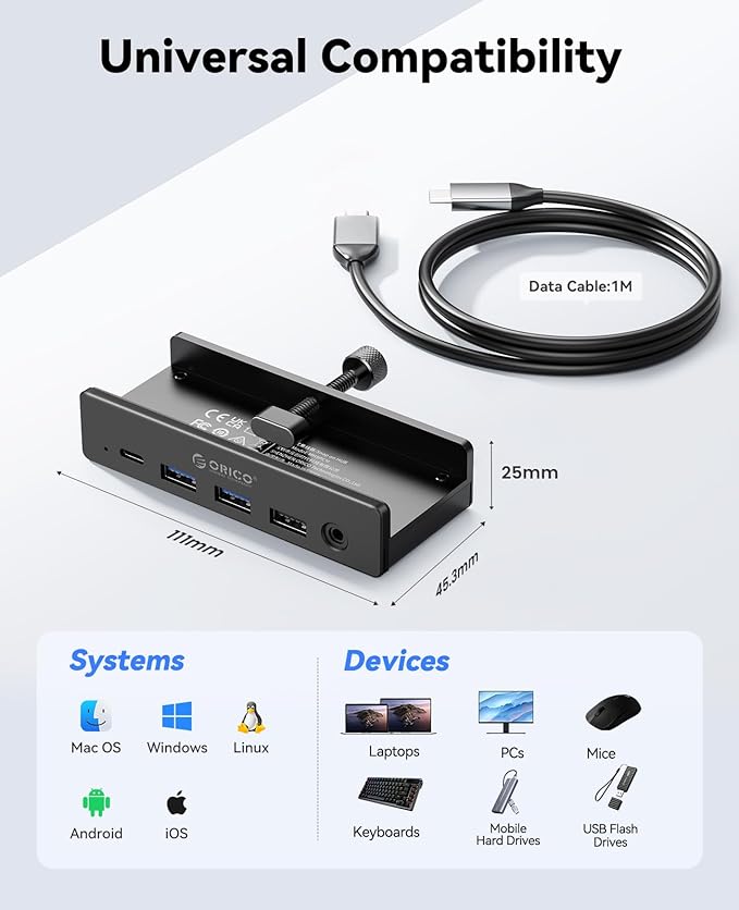 ORICO Clip Docking Station 8-in-1 Clamp USB C Hub with 4K@60Hz HDMI 100W PD Gigabit Ethernet 4xUSB Port AUX 10Gbps Clamp Docking Station for Laptop MacBook PC (Adapter Not Included)