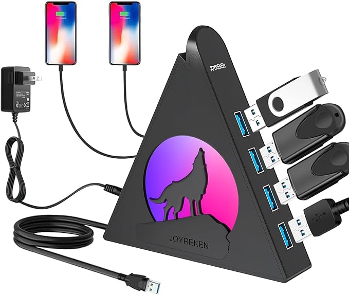 Powered USB Hub 3.0 6-Port Hub(4 USB 3.0 Data Ports + 2 Smart Charging Ports) with 48W AC Adapter RGB Wolf Light Compatible with PC Laptop Mac External Hard Drives PS4 Fast Charging for Phone
