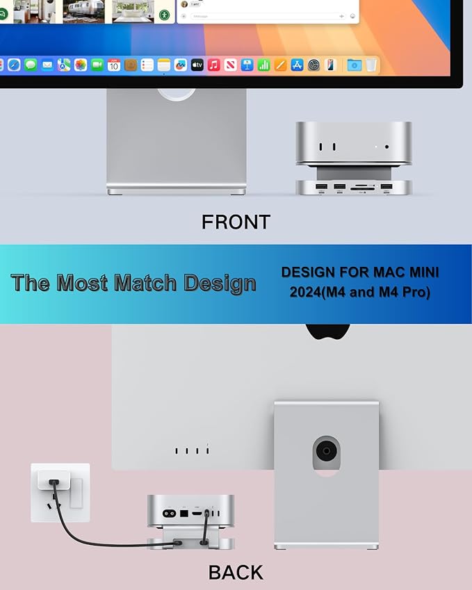 Mac mini M4 Dock Aluminum Stand and Hub for Mac mini M4 and M4 Pro 2024 with M.2 NVMe SSD Enclosure 2X USB-A 10Gbps SD/TF Card Readers USB 2.0 Data (MC60)