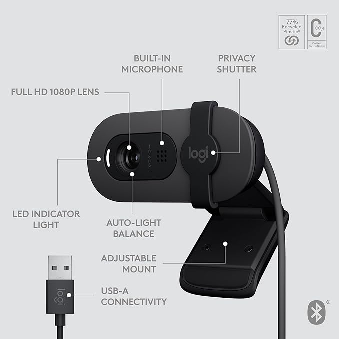 Logitech Brio 105 Full HD 1080p Business Webcam with Auto-Light Balance USB-A Privacy Shutter Easy Set-Up Compatible with Windows macOS ChromeOS (Renewed)