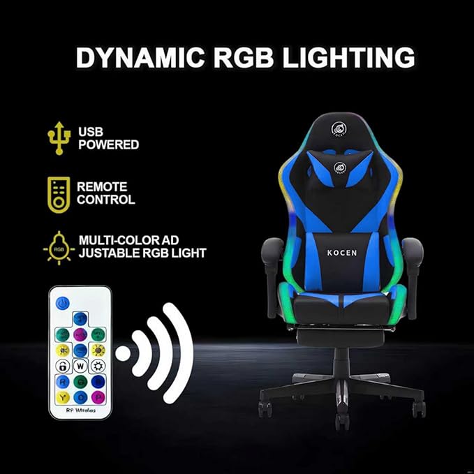 LED Gaming Chairs for Adults Tall and KidsLumbar SupportLED LightsHigh Back Reclining Computer Chair with Headrest(Blueblack)